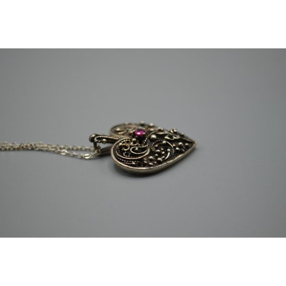 Sterling Silver Heart Pendant w Ruby Stone FM 83 Franklin Mint Filigree 925 - Picture 9 of 11